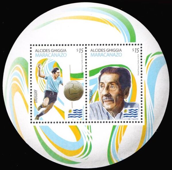 URUGUAY/SELLOS, 2014 - FUTBOL - PERSONALIDADES - YV 100 - BLOQUES - NUEVO