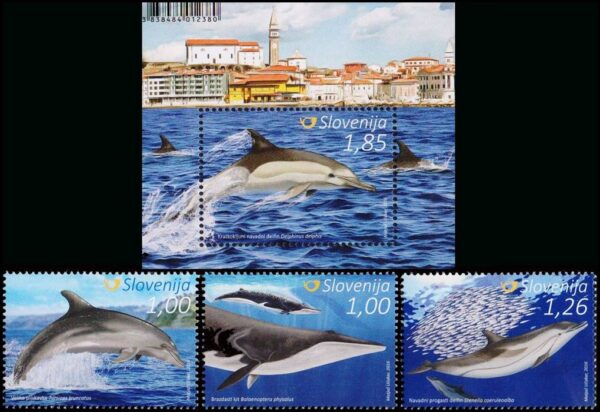 ESLOVENIA/SELLOS, 2016 - BALLENAS Y DELFINES - 3 VALORES + BLOQUE - NUEVO