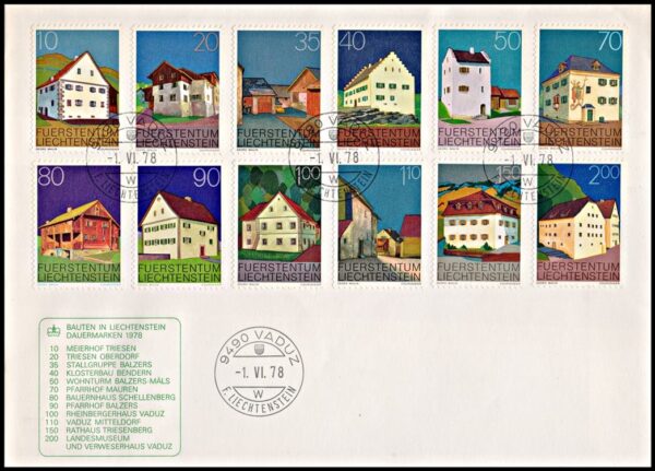 LIECHTENSTEIN/COVERS, 1978 – DEFINITIVES – ARCHITECTURE – YV 633/38 + 641/46 – 12 VALUES - FDC