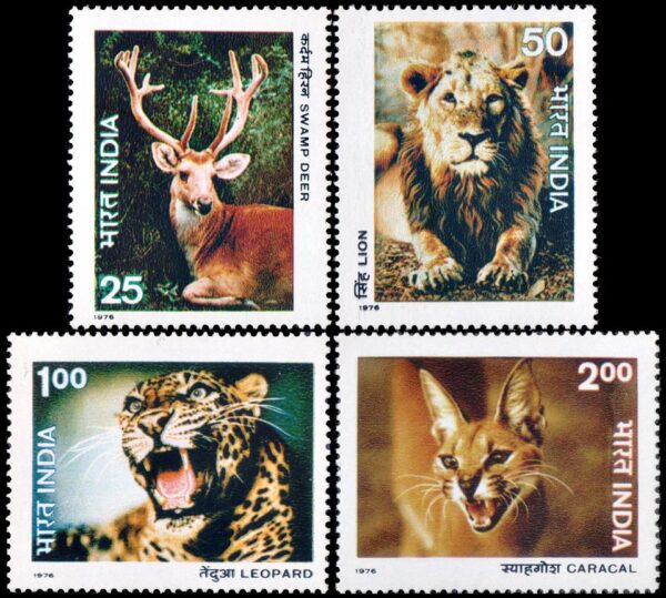 INDIA/SELLOS, 1976 - PROTECCION DE LA NATURALEZA - CIERVO - FELINOS - YV 494/97 - 4 VALORES - NUEVO - MINT