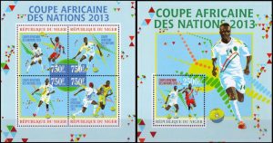 NIGER/SELLOS, 2013 - FUTBOL -  COPA AFRICANA DE LAS NACIONES 2013 - YV 1845/48 + BF 168 - HOJITA  BLOQUE - NUEVO