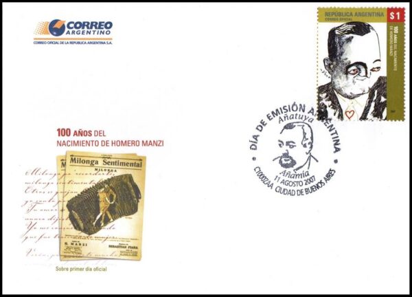 ARGENTINA/SOBRES, 2007 - TANGO - MUSICA - CAT GJ 3614 - 1 VALOR - SOBRE PRIMER DIA DE EMISION