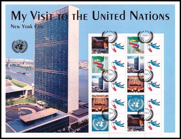 NACIONES UNIDAS (ONU) SELLOS, 2003 - ARQUITECTURA - BANDERAS - NUEVA YORK - HOJA - MATASELLADA