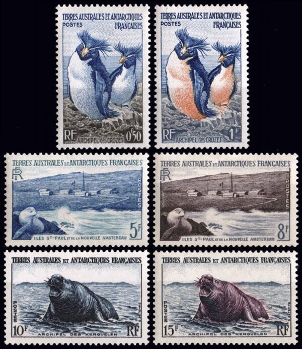 ANTARTIDA FRANCESA/SELLOS, 1956 - FAUNA: PINGUINOS DE PENACHO AMARILLO- ELEFANTE MARINO - FOCAS - YV 2-7 - 6 VALORES - NUEVO