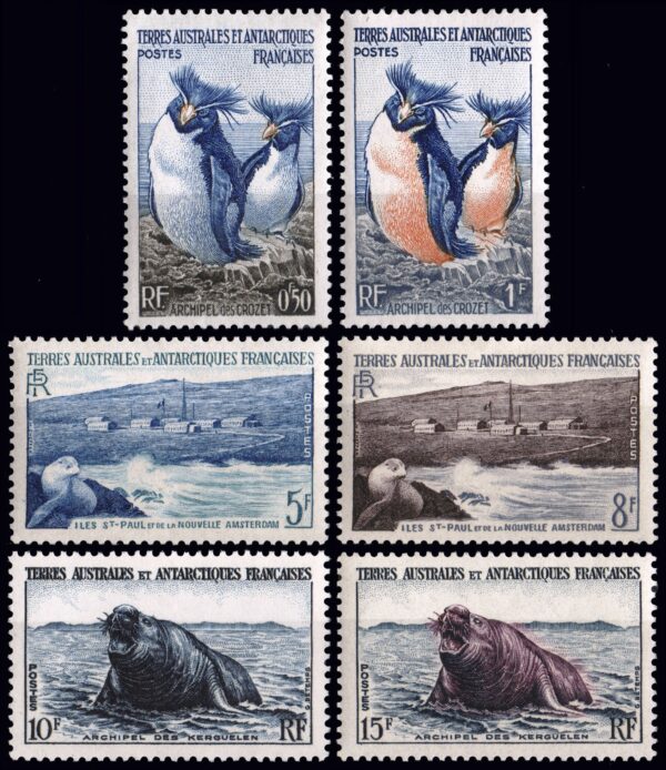 FRENCH ANTARCTIC/STAMPS, 1956- FAUNA : PENGUINS - SEALS - SEAL ELEPHANT - YV 2-7 - 6 VALUES - MNH