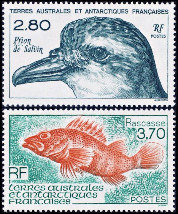 ANTARTIDA FRANCESA (T.A.A.F.) SELLOS, 1994 - FAUNA - AVES MARINAS - PECES - YV 189/90 - 2 VALORES - NUEVO