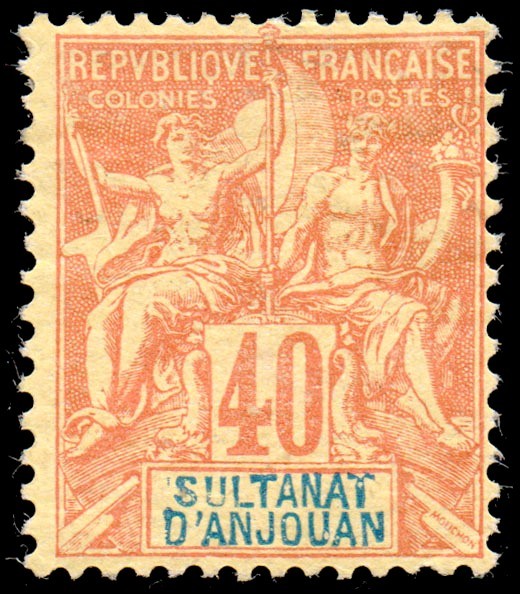 ANJOUAN/SELLOS, 1892-1899 - COLONIAS FRANCESAS - YV 10 - 1 VALOR - NUEVO - BISAGRA
