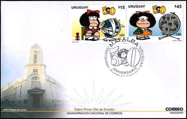URUGUAY/SOBRE, 2014 - HISTORIETAS: MAFALDA - 50 ANIVERSARIO - YV 2684/85 - 2 VALORES - SOBRE PRIMER DIA DE EMISION
