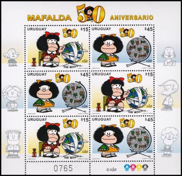 URUGUAY/SELLOS, 2014 - HISTORIETAS: MAFALDA - 50 ANIVERSARIO - YV 2684/85 - HOJITA DE 9 VALORES - NUEVO