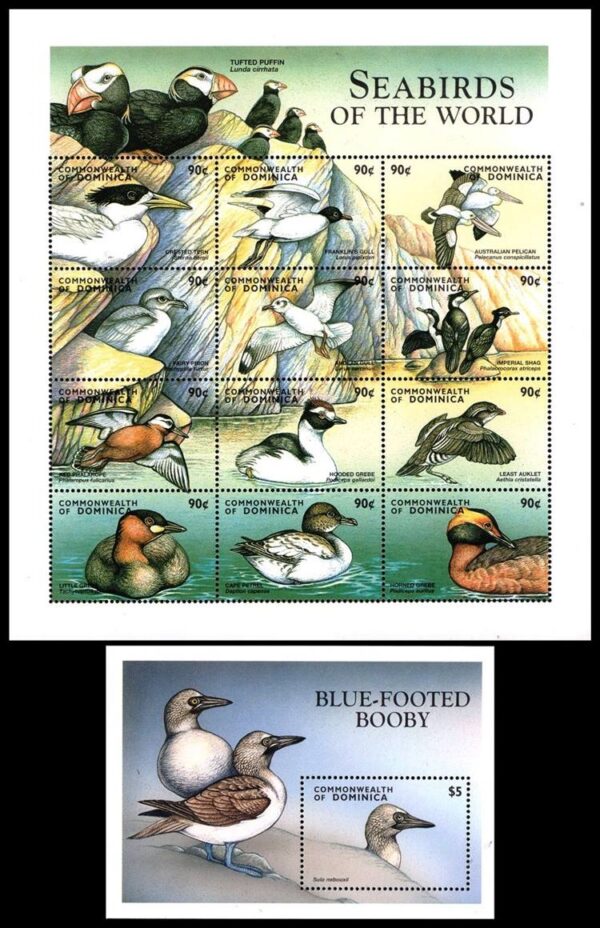 DOMINICA/SELLOS, 1998 - AVES MARINAS DEL MUNDO - YV 2206/17 + BF 356 - HOJITA + BLOQUE - NUEVO