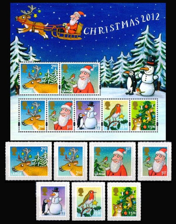 GRAN BRETAÑA/SELLOS, 2012 - NAVIDAD - YV 3773/3779 + BF 98 - BLOQUE + 7 SELLOS - AUTOADHESIVOS - NUEVO