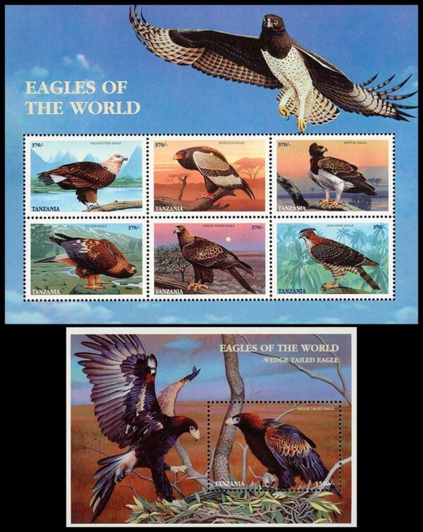 TANZANIA/SELLOS, 1998 - AVES - AGUILAS DEL MUNDO - YV 2439/44 + BF 364 - HOJITA + BLOQUE - NUEVO