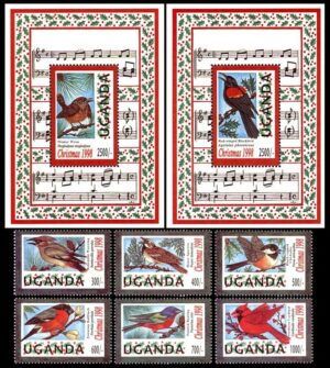 UGANDA/SELLOS, 1998 - AVES - NAVIDAD - 1688/93 + BF 292/93 - 6 VALORES + 2 BLOQUES - NUEVO