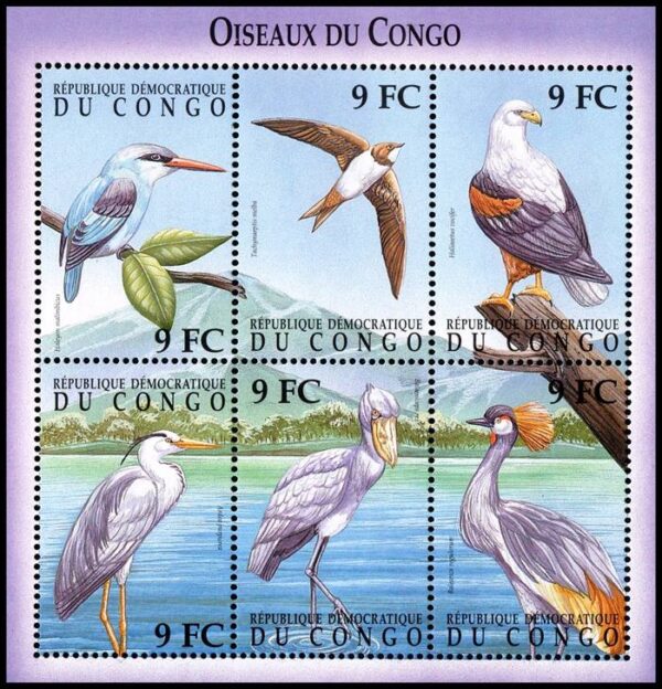 REPUBLICA DEMOCRATICA DEL CONGO/SELLOS, 2000 - FAUNA, AVES DEL CONGO - YV 1522DG/DM - HOJITA - NUEVO