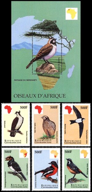 CENTROAFRICANA/SELLOS, 1999 - FAUNA, AVES DE AFRICA - MAPAS - YV 1507/12 + BF 161 - 6 VALORES + BLOQUE - NUEVO