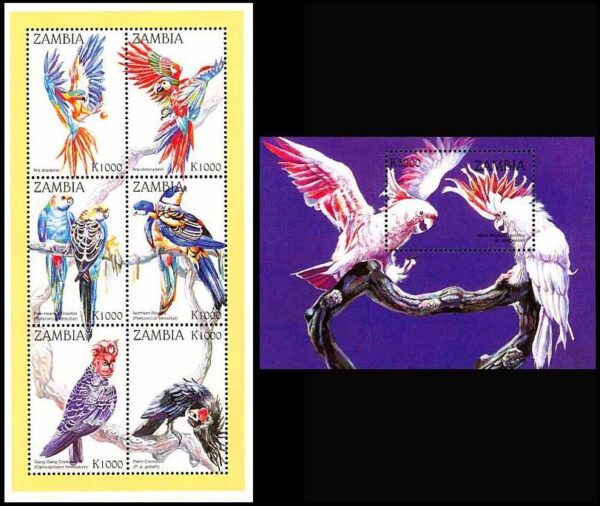 ZAMBIA/SELLOS, 1998 - LOROS Y CACATUAS - YV 751/56 + BF 43 - MINI SHEET + BLOQUE - NUEVO