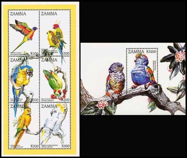 ZAMBIA/SELLOS, 1998 - LOROS Y CACATUAS - YV 745/50 + BF 42 - MINI SHEET + BLOQUE - NUEVO