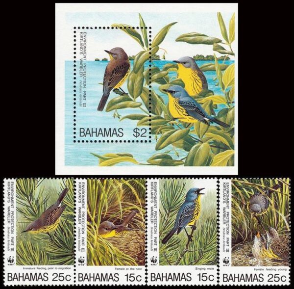 BAHAMAS/SELLOS. 1995 - W.W.F FAUNA PROTEGIDA: DENCROICA DE KIRTLAND - YV 851/54 + BF 76 - 4 VALORES + BLOQUE - NUEVO