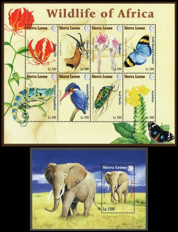 SIERRA LEONA/SELLOS, 1995 - FLORA Y FAUNA DE AFRICA - YV 2004/11 + BL 272 - HOJITA + BLOQUE - NUEVO