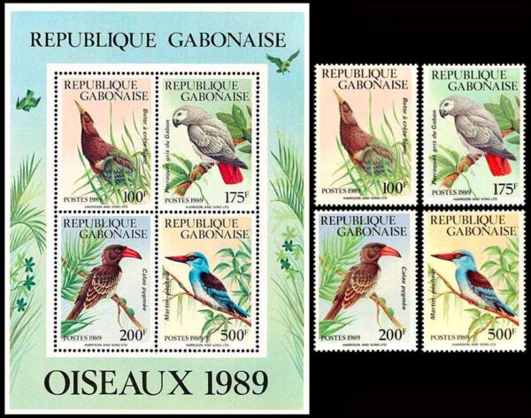 GABON/SELLOS, 1989 - AVES - YV 660/63 + BF 57 - 4 VALORES + BLOQUE - NUEVO