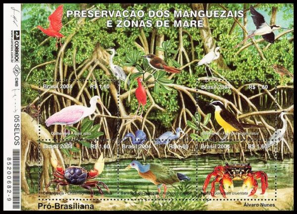 BRASIL/SELLOS, 2004 - FAUNA - AVES -PRESERVACION DE LOS MANGLARES - Yv. 2871/5 - BLOQUE DE 5 VALORES, NUEVOS