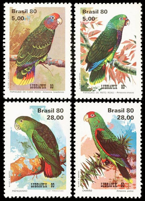 BRASIL/SELLOS, 1980 - AVES - LOROS - YV 1443/46 - 4 VALORES - NUEVO