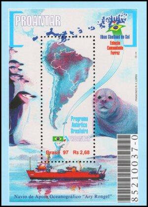BRASIL/SELLOS, 1997 - MAPAS - ANTARTIDA - FAUNA MARINA - PINGUINO - BARCOS - YV BF 105 - BLOQUE - NUEVO