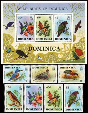 DOMINICA/SELLOS, 1976 - AVES - YV 478/84 + BF 37 - 7 VALORES + BLOQUE - NUEVO