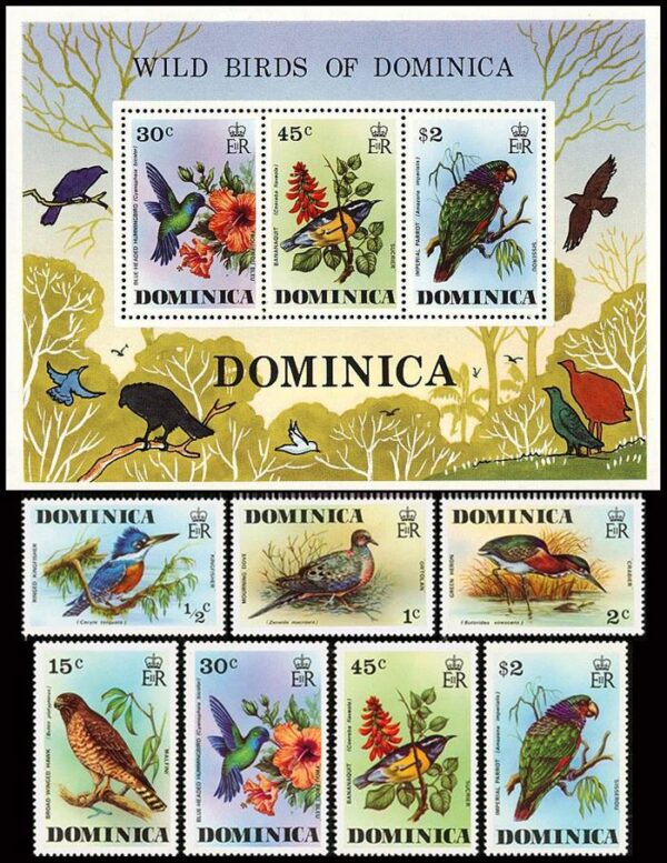 DOMINICA/SELLOS, 1976 - AVES - YV 478/84 + BF 37 - 7 VALORES + BLOQUE - NUEVO