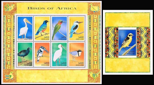 SIERRA LEONA/SELLOS, 1999 - AVES DE AFRICA - YV 2779/86 + BF 420 - HOJITA + BLOQUE - NUEVO