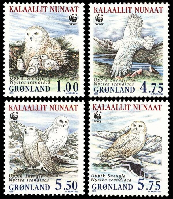 GROENLANDIA/SELLOS, 1999 - W.W.F. FAUNA PROTEGIDA - AVES: BUHOS NIVALES - YV 310/13 - 4 VALORES - NUEVO