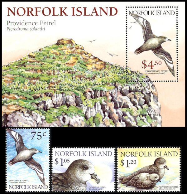 NORFOLK/SELLOS, 1999 - FAUNA - AVES - PETRELS - YV 665/67 + BF 32 - SERIE DE 3 VALORES + BLOQUE - NUEVO