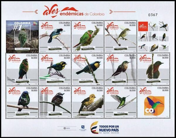 COLOMBIA/SELLOS, 2018 - AVES ENDEMICAS DE COLOMBIA - HOJITA - NUEVO