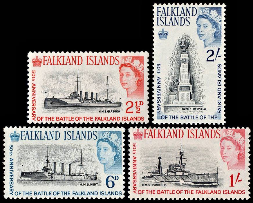 MALVINAS/SELLOS, 1964 - 50 ANIV. DE LA BATALLA DE LAS ISLAS FALKLAND - BARCOS - YV 144/47 - NUEVO
