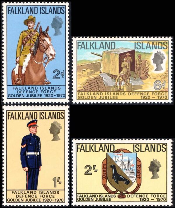 ISLAS MALVINAS/SELLOS, 1970 - UNIFORMES MILITARES - ESCUDO - CABALLO - YV 182/85 - 4 VALORES - NUEVO