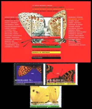 HOLANDA/SELLOS, 1993 - MARIPOSAS - YV 1434/36 + BF 38 - 3 VALORES + BLOQUE - NUEVO
