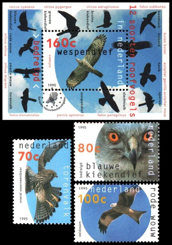 HOLANDA/SELLOS, 1955 - AVES DE PRESA - YV 1513/15 + BF 44 - 3 VALORES + BLOQUE - NUEVO