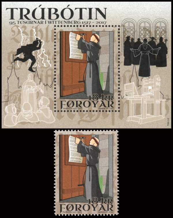 ISLAS FAROE/SELLOS, 2017 - RELIGION - REFORMA LUTERANA - YV 900 + F 900 - 1 VALOR + BLOQUE - NUEVO