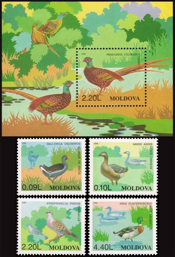 MOLDAVIA/SELLOS, 1996 - AVES - FAISANES - PATOS - GANSOS - PALOMAS - YV 172/75 + BF 10 - 4 VALORES + BLOQUE - NUEVO