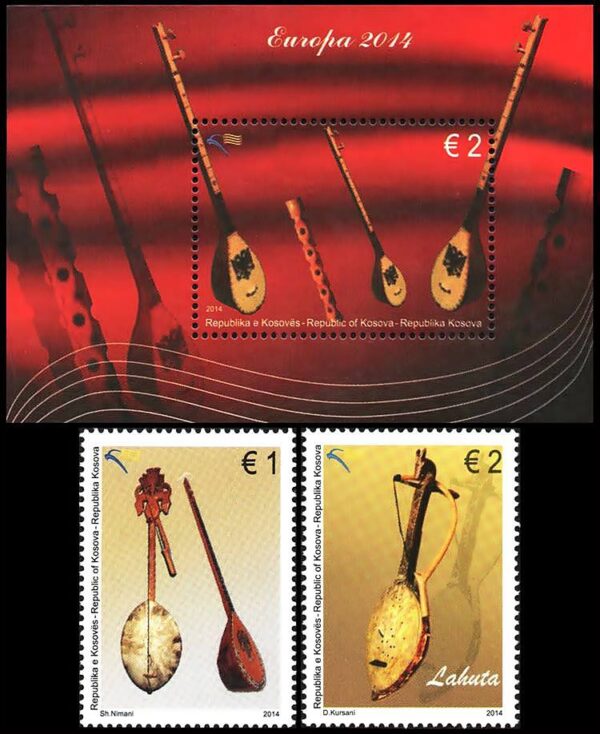 KOSOVO/SELLOS, 2014 - MUSICA - INSTRUMENTOS MUSICALES - YV 160/61 + BF 21 - 2 VALORES + BLOQUE - NUEVO