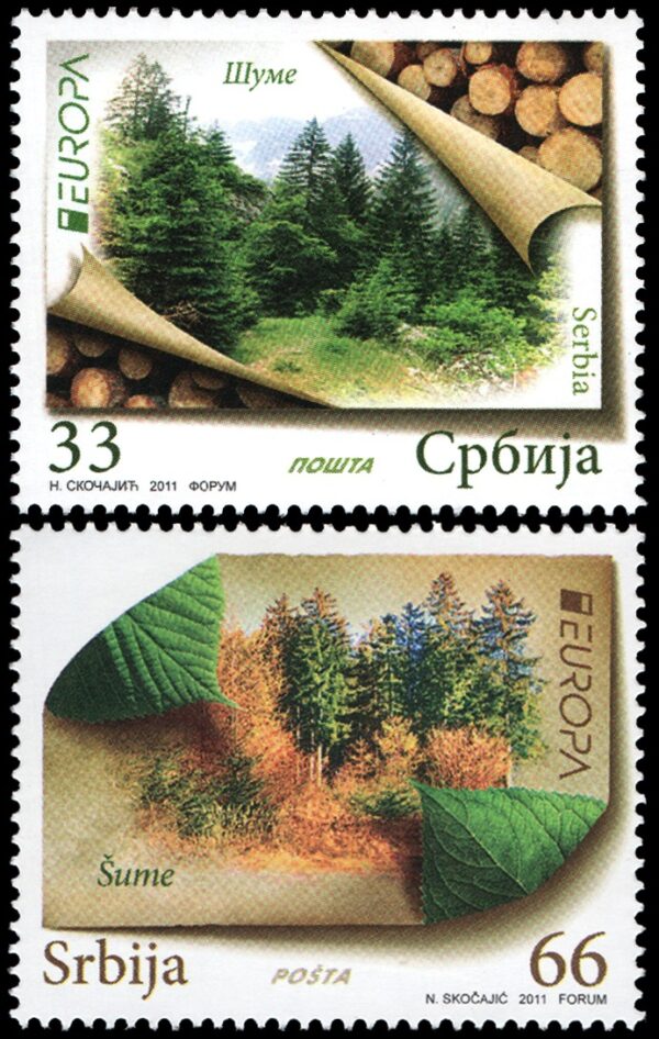 SERBIA/SELLOS, 2011 - TEMA EUROPA - BOSQUES - YV 198/99 - 2 VALORES - NUEVO