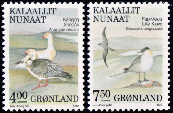 GROENLANDIA/SELLOS, 1990 – FAUNA – AVES MARINAS – YV 187/88 – 2 VALORES – NUEVO