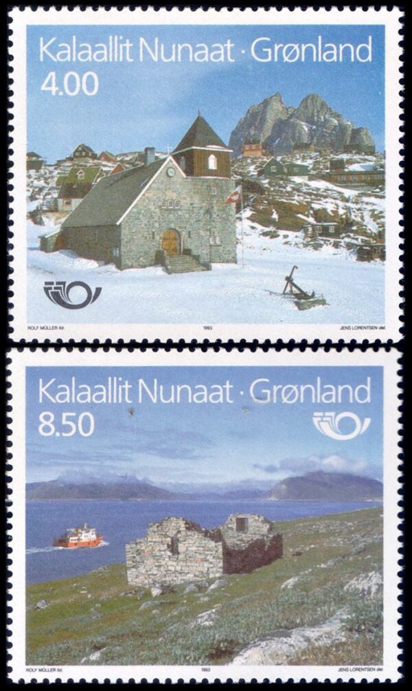 GROENLANDIA (DINAMARCA) SELLOS, 1993 - TURISMO - IGLESIA - BARCO - YV 222/23 - 2 VALORES - NUEVO