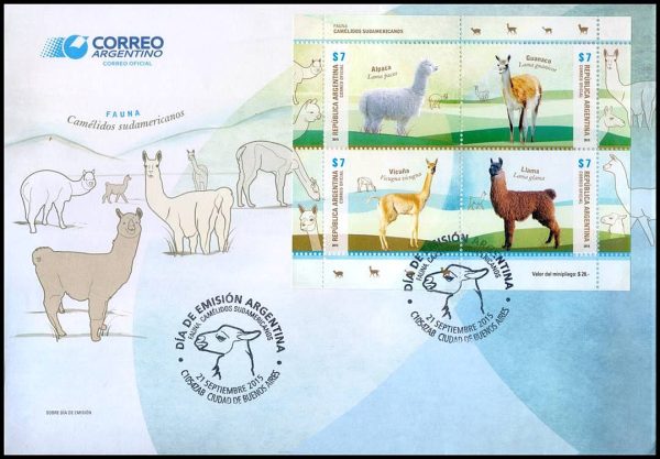 ARGENTINA/SOBRE, 2015 - CAMELIDOS - VICUÑA, GUANACO, LLAMAS Y ALPACA - HOJITA DE 4 VALORES - SOBRE PRIMER DIA