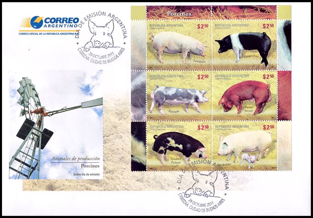 ARGENTINA/SOBRES, 2011 - ANIMALES DE PRODUCCION - PORCINOS - CAT GJ HB 232 - BLOQUE - SOBRE PRIMER DIA EMISION