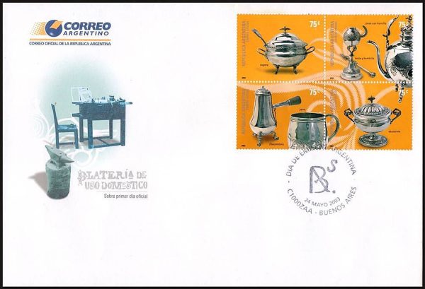 ARGENTINA/SOBRES, 2003 - ARTESANIAS - PLATERIA DE USO DOMESTICO - CAT GJ 3292/95 - 4 VALORES - SOBRE PRIMER DIA EMISION