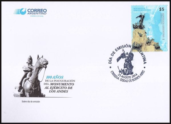 ARGENTINA/SOBRES , 2014 - MONUMENTOS AL EJERCITO DE LOS ANDES - CENTENARIO - CAT GJ 4062 - 1 VALOR - SOBRE PRIMER DIA EMISION