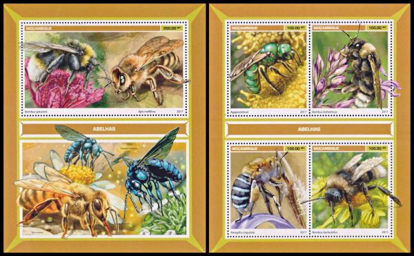 MOZAMBIQUE/SELLOS, 2017 - FAUNA - ABEJAS - YV 7526/29 + BF 1208 - HOJITA + BLOQUE - NUEVO