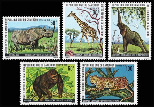 REPUBLICA UNIDA DE CAMERUN/SELLOS, 1979 - FAUNA EN PELUIGRO DE EXTINCION - YV 634/38 - 5 VALORES - NUEVO