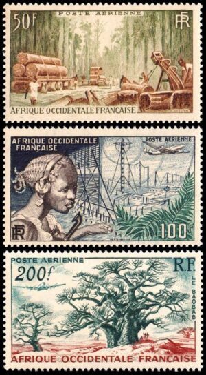AFRICA OCCIDENTAL FRANCESA/SELLOS, 1954 - FLORA - COMUNICACIONES - YV A 18/20 - 3 VALORES - NUEVO